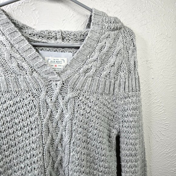 Old Navy Y2k Hooded Sweater Gray Lambswool Rabbit Hair Preppy Chunky Cable Knit - Picture 9 of 13